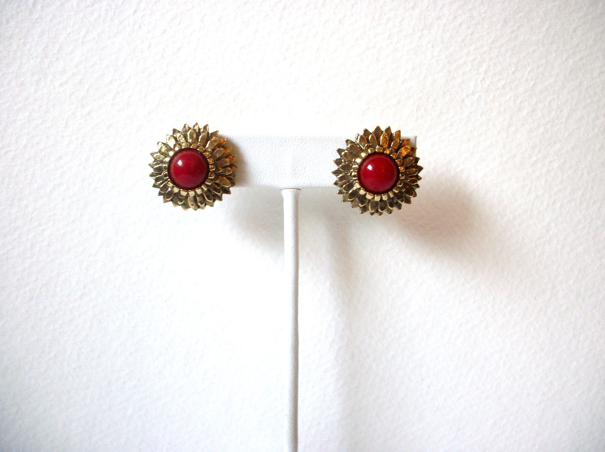Gold Toned Cranberry Red Dome Floral Clip On Earrings 122520