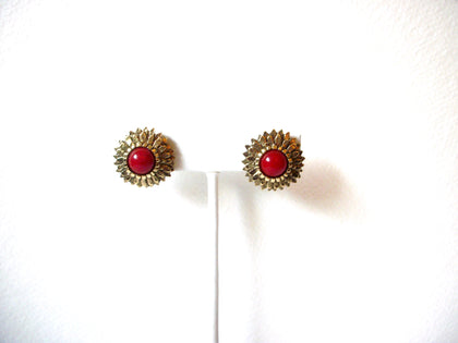 Gold Toned Cranberry Red Dome Floral Clip On Earrings 122520