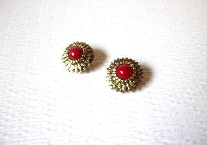 Gold Toned Cranberry Red Dome Floral Clip On Earrings 122520