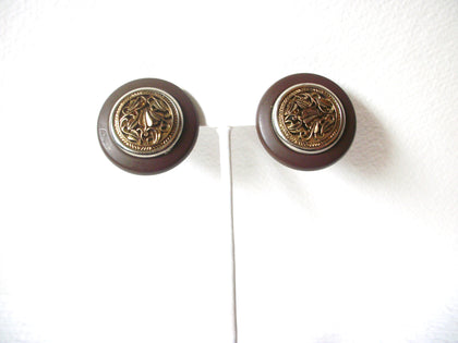 Brown Old Plastic Decorative Dome Clip On Earrings 122620