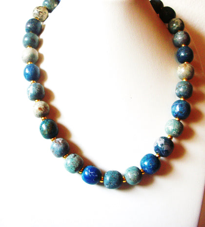 Vintage Blue Marbleized Pottery Stone 18 Inch Necklace 122720