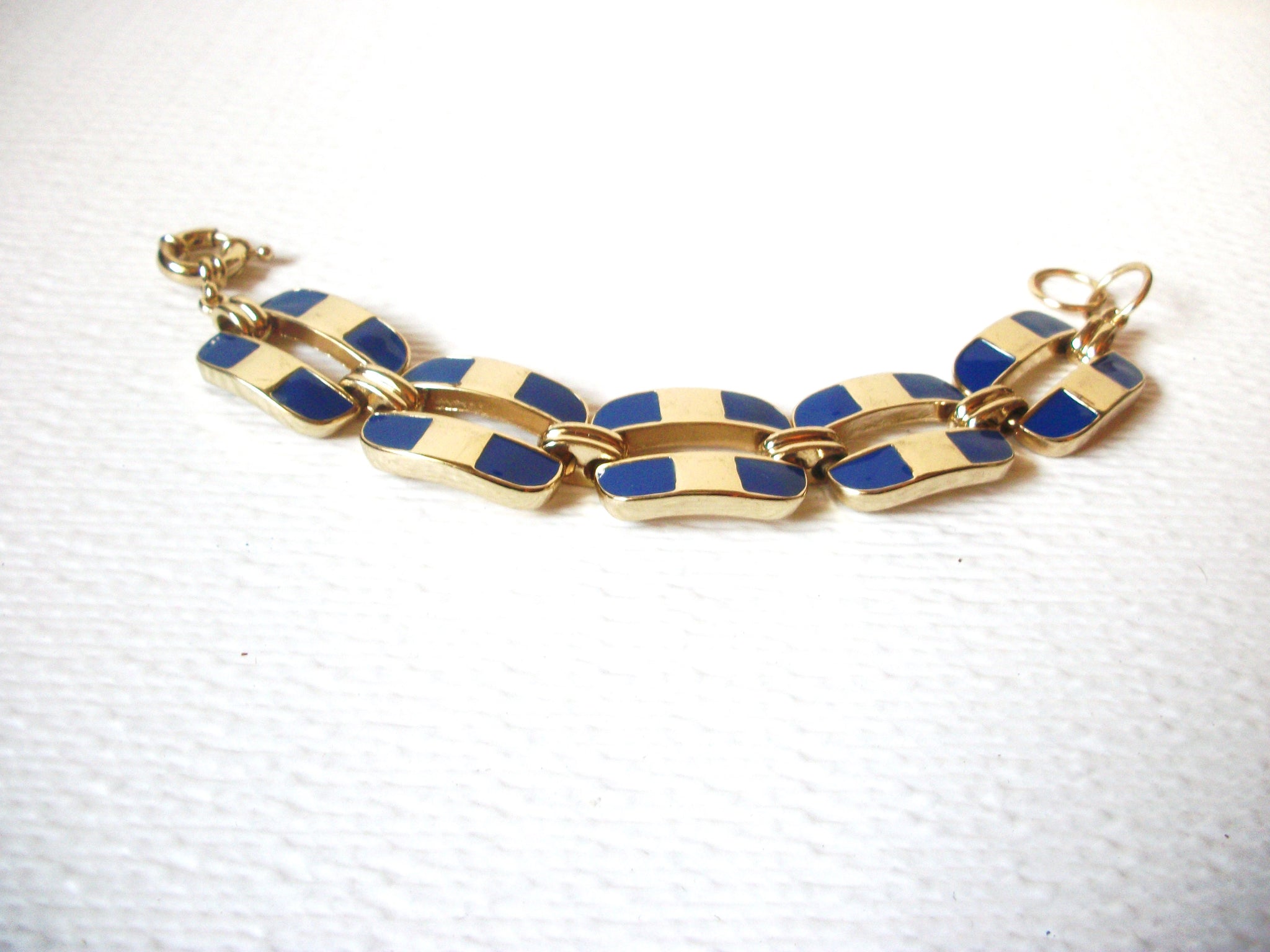 Retro Gold Blue Enameled Chunky Chain Links Bracelet 122720
