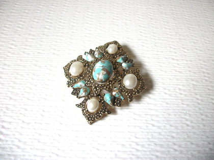 Vintage Sarah Coventry Remembrance Turquoise Pearl Lucite Cab Cross Brooch Pin 122720