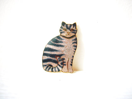 Vintage Cloisonne Gray Striped Cat Brooch Pin 122720