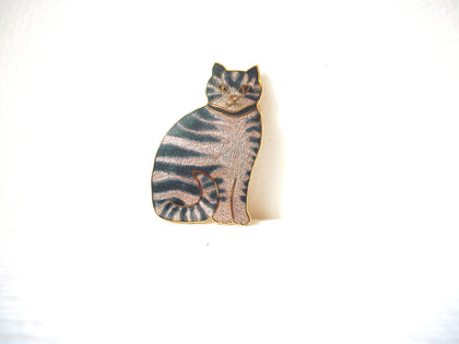 Vintage Cloisonne Gray Striped Cat Brooch Pin 122720