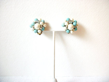 Vintage 1950s JAPAN Blue Faux Pearl Cluster Clip On Earrings 122820