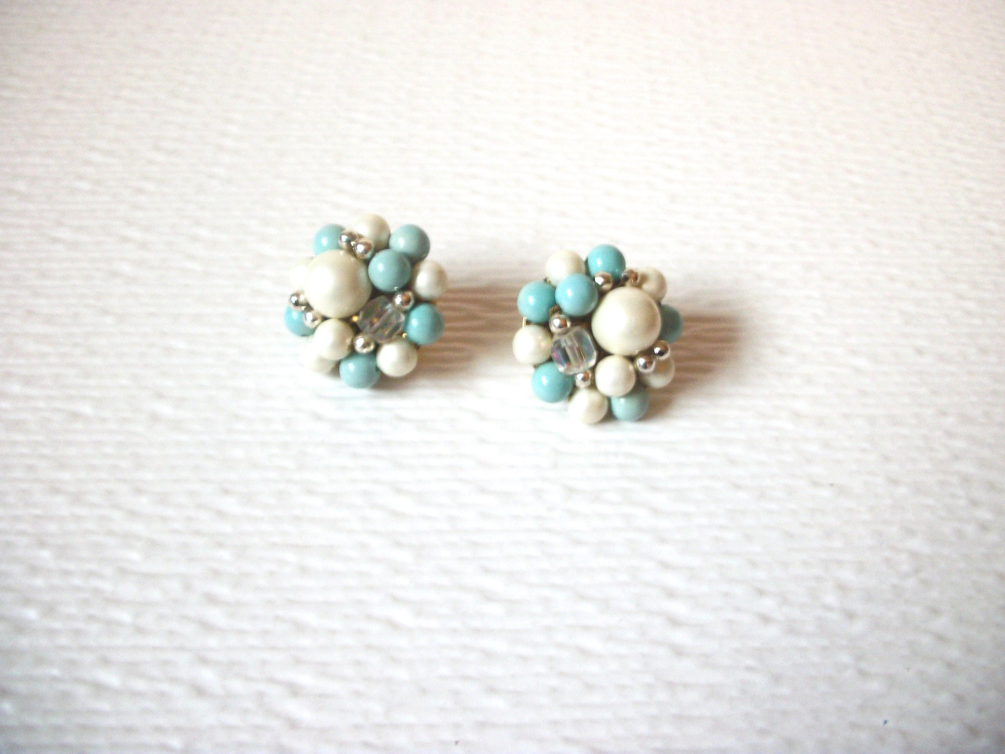 Vintage 1950s JAPAN Blue Faux Pearl Cluster Clip On Earrings 122820