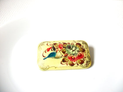 Vintage Signed Hand Painted Bird Flower Brooch Pin 101820