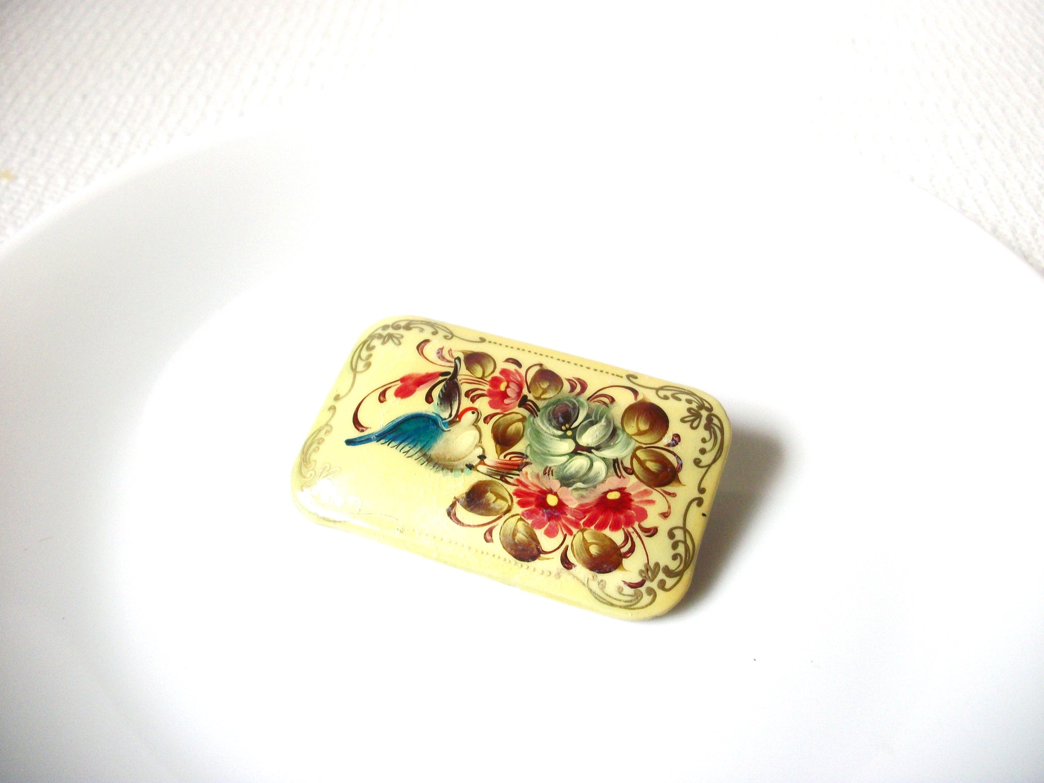 Vintage Signed Hand Painted Bird Flower Brooch Pin 101820