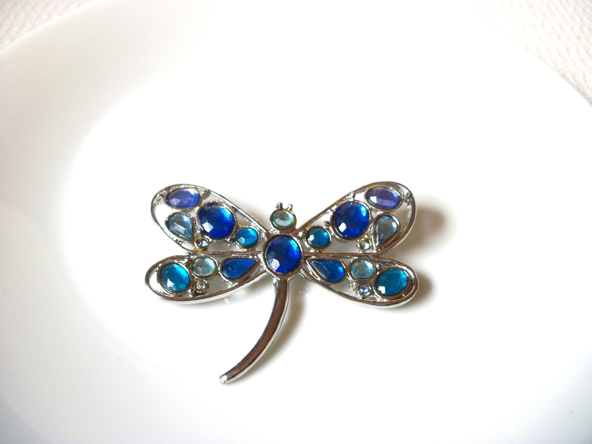 Vintage Silver Blue Glass Dragonfly Brooch Pin 71218Z