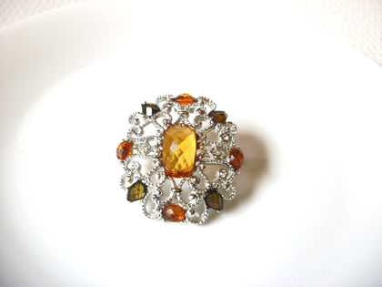 Vintage Silver Amber Olive Clear Rhinestones Brooch Pin Enhancer 71218Z
