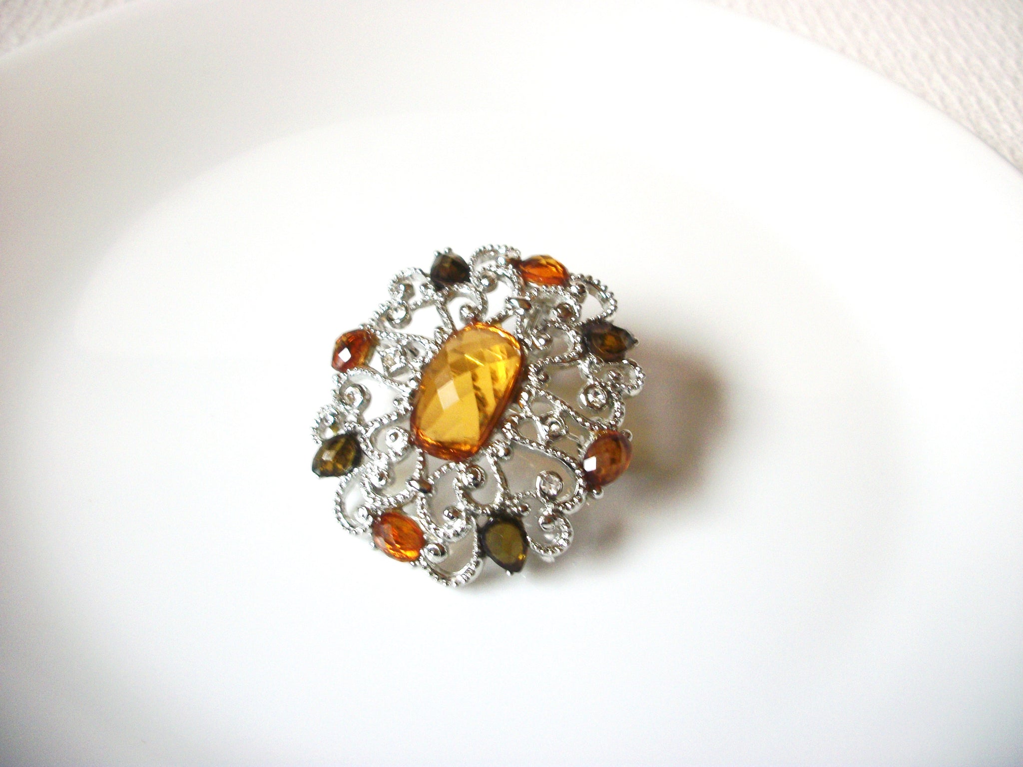 Vintage Silver Amber Olive Clear Rhinestones Brooch Pin Enhancer 71218Z