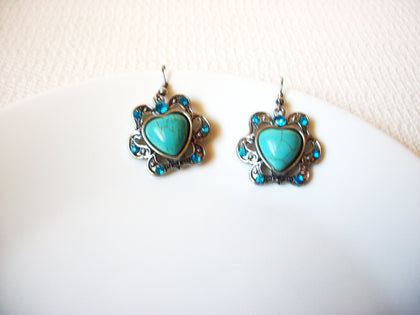 Retro Dragon Veins Turquoise Stones Blue Rhinestones Heart Earrings 71218S
