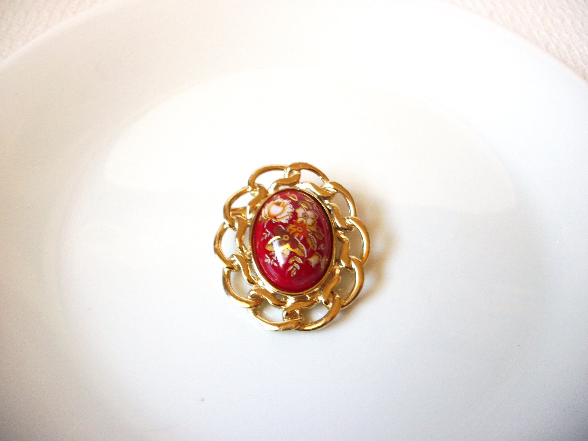 Vintage Floral Hand Painted Glass Brooch Pin 71218S