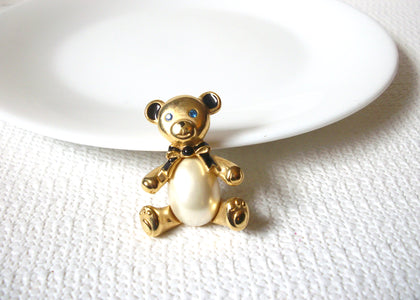 Gift Worthy CAROL LEE Brooch, Teddy Gold Tone Enameled Glass Pearl Belly Rhinestones Brooch Pin 71218D