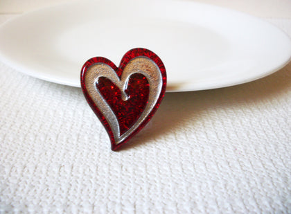 Vintage Red Silver Murano Glass Heart Brooch Pin 71218D