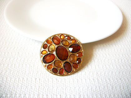 Vintage Amber Gold Rhinestone Ornate Brooch Pin 71218D
