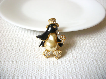 Gift Worthy Kenneth Jay Lane Brooch, Enameled Faux Pearl Crystals Penquin Pin 71218D