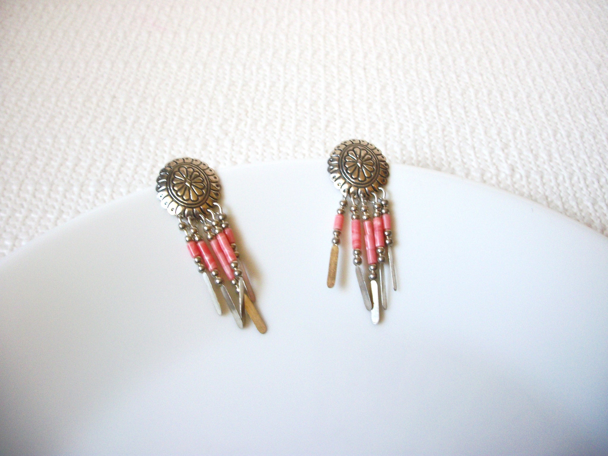 Gift Worthy Earrings, STERLING Stamped  Earrings, Coral Concho Southwestern Dangle Earrings 71218D