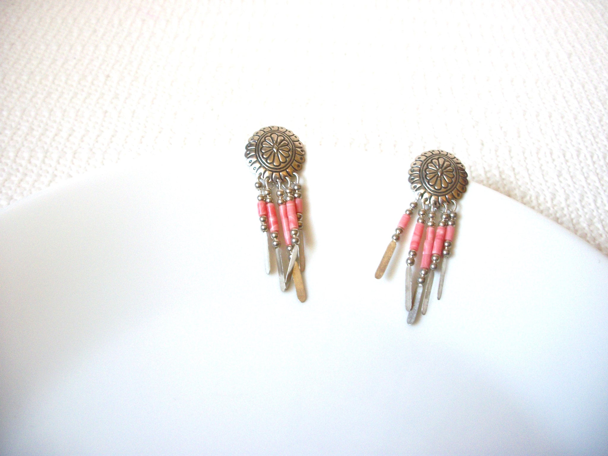 Gift Worthy Earrings, STERLING Stamped  Earrings, Coral Concho Southwestern Dangle Earrings 71218D