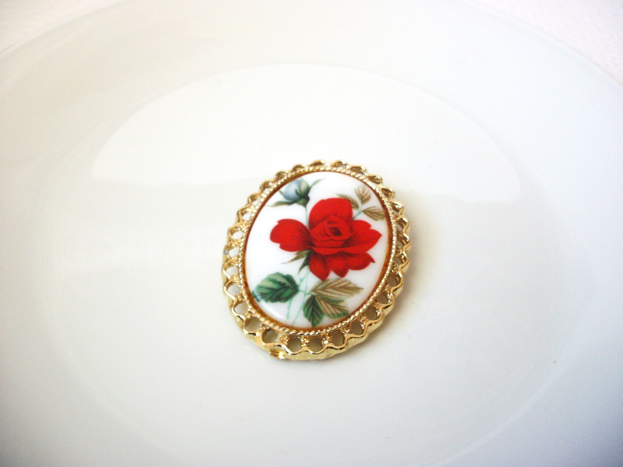 Hand Painted Red Rose Stone Gold Tone Metal Pin Pendant Enhancer 72518