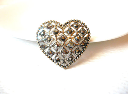 Vintage Brooch, Silver Toned, Open Cut Hematite Stones Heart Pin 72518