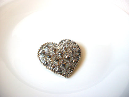 Vintage Brooch, Silver Toned, Open Cut Hematite Stones Heart Pin 72518