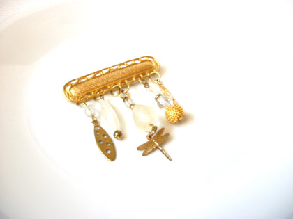 Vintage Gold Toned Bar Dangling Charms Dragonfly Brooch Pin 72518