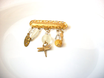 Vintage Gold Toned Bar Dangling Charms Dragonfly Brooch Pin 72518
