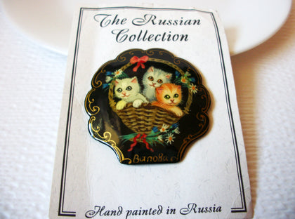 Russian Hand Painted Cats Brooch Pin 72518