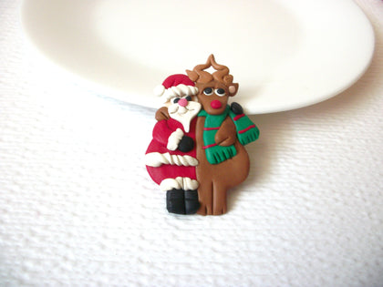Vintage Hand Painted Santa Reindeer Christmas Brooch Pin 102120