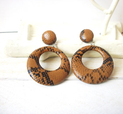 Vintage PU Leather Caramel Brown Python Snake Hoop Earrings 61416