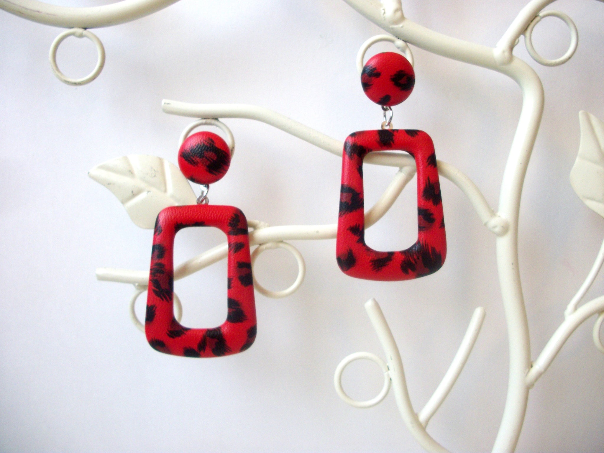 Lola Fire Red Black Earrings, PU Leather, Wild Cat Animal Print Dangle Earrings S15