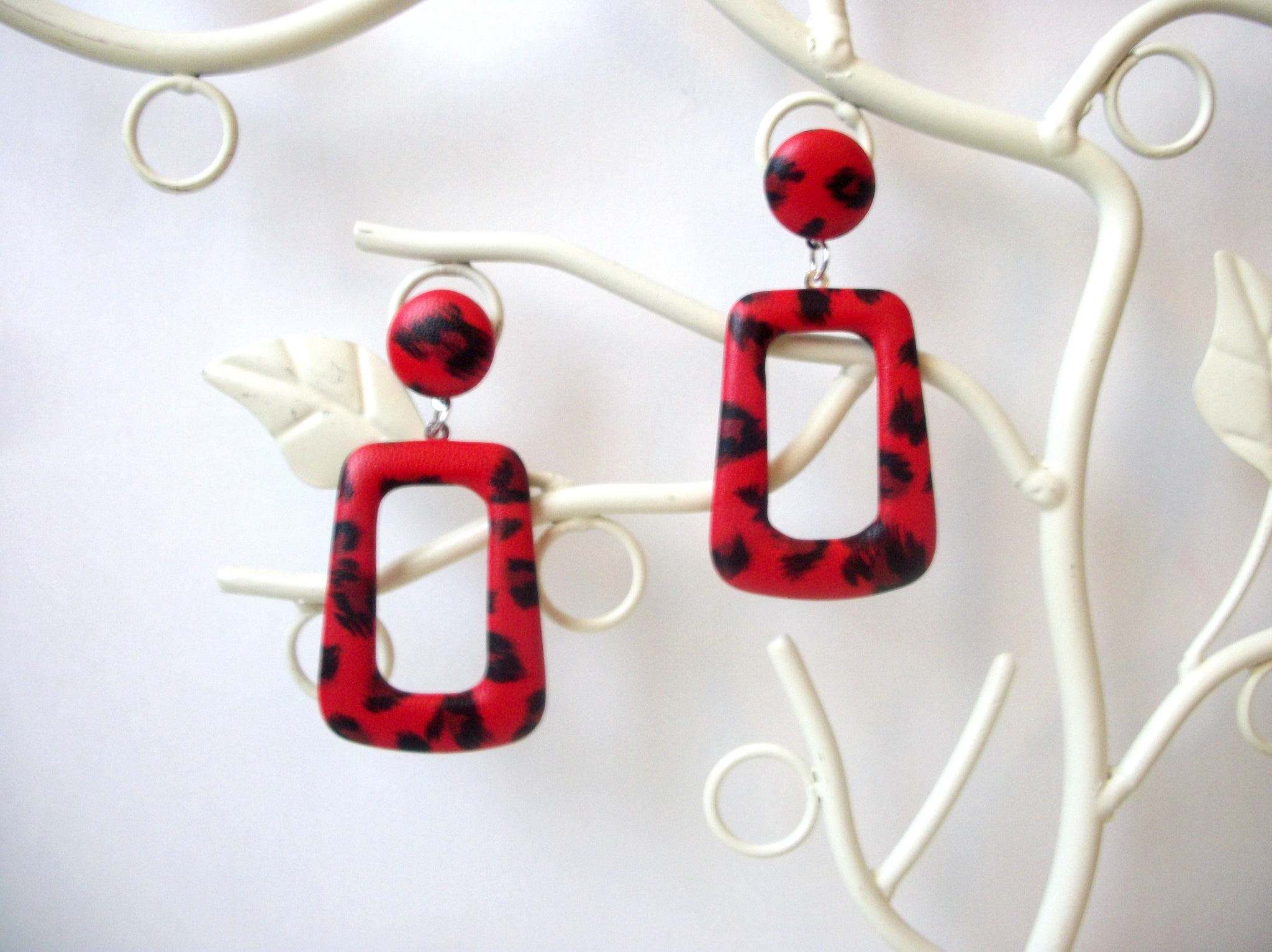 Lola Fire Red Black Earrings, PU Leather, Wild Cat Animal Print Dangle Earrings S15