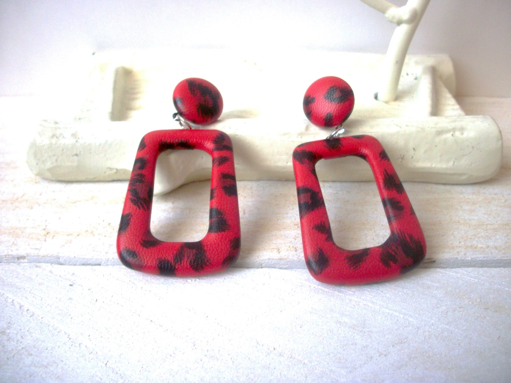 Lola Fire Red Black Earrings, PU Leather, Wild Cat Animal Print Dangle Earrings S15