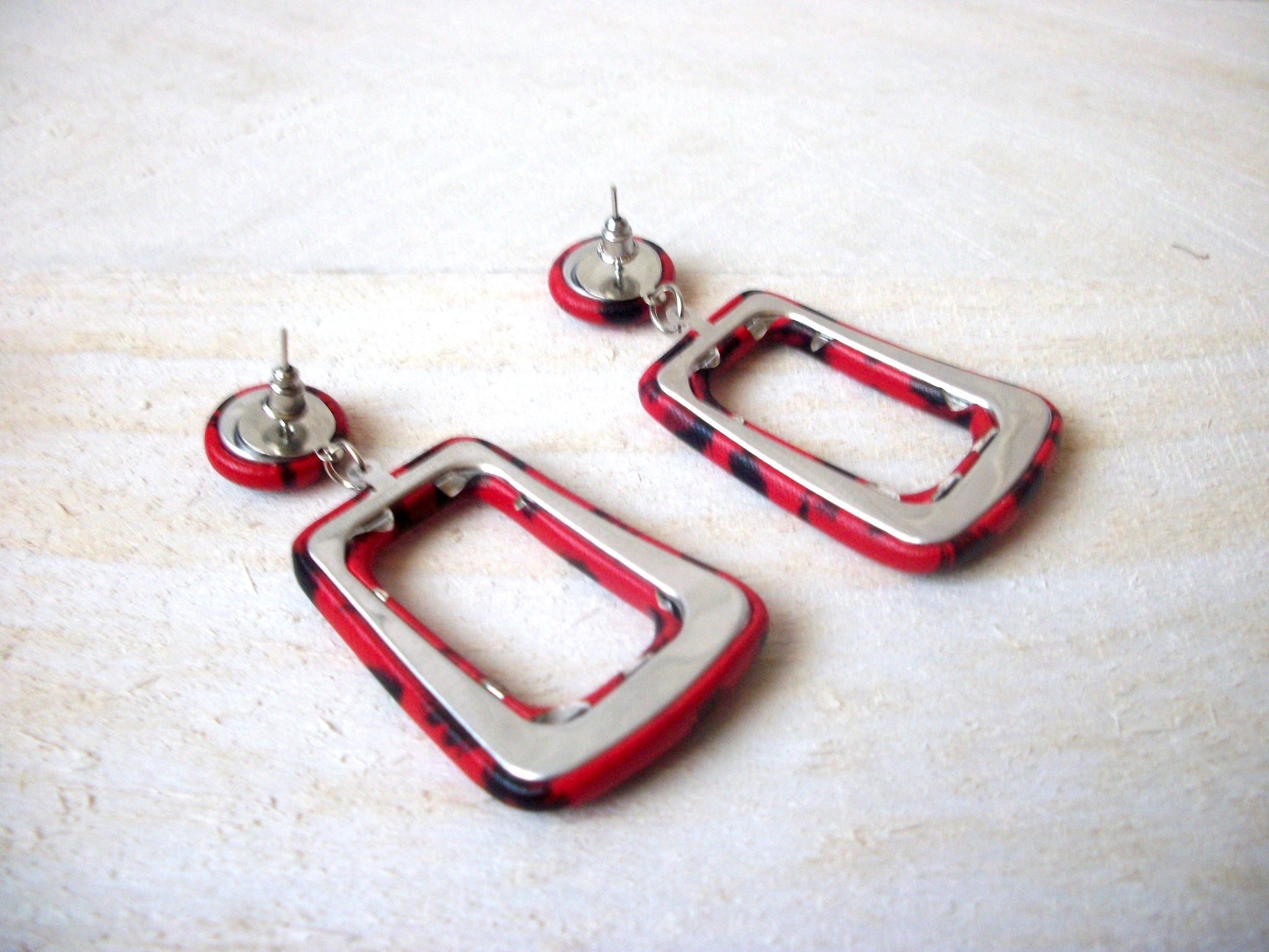 Lola Fire Red Black Earrings, PU Leather, Wild Cat Animal Print Dangle Earrings S15