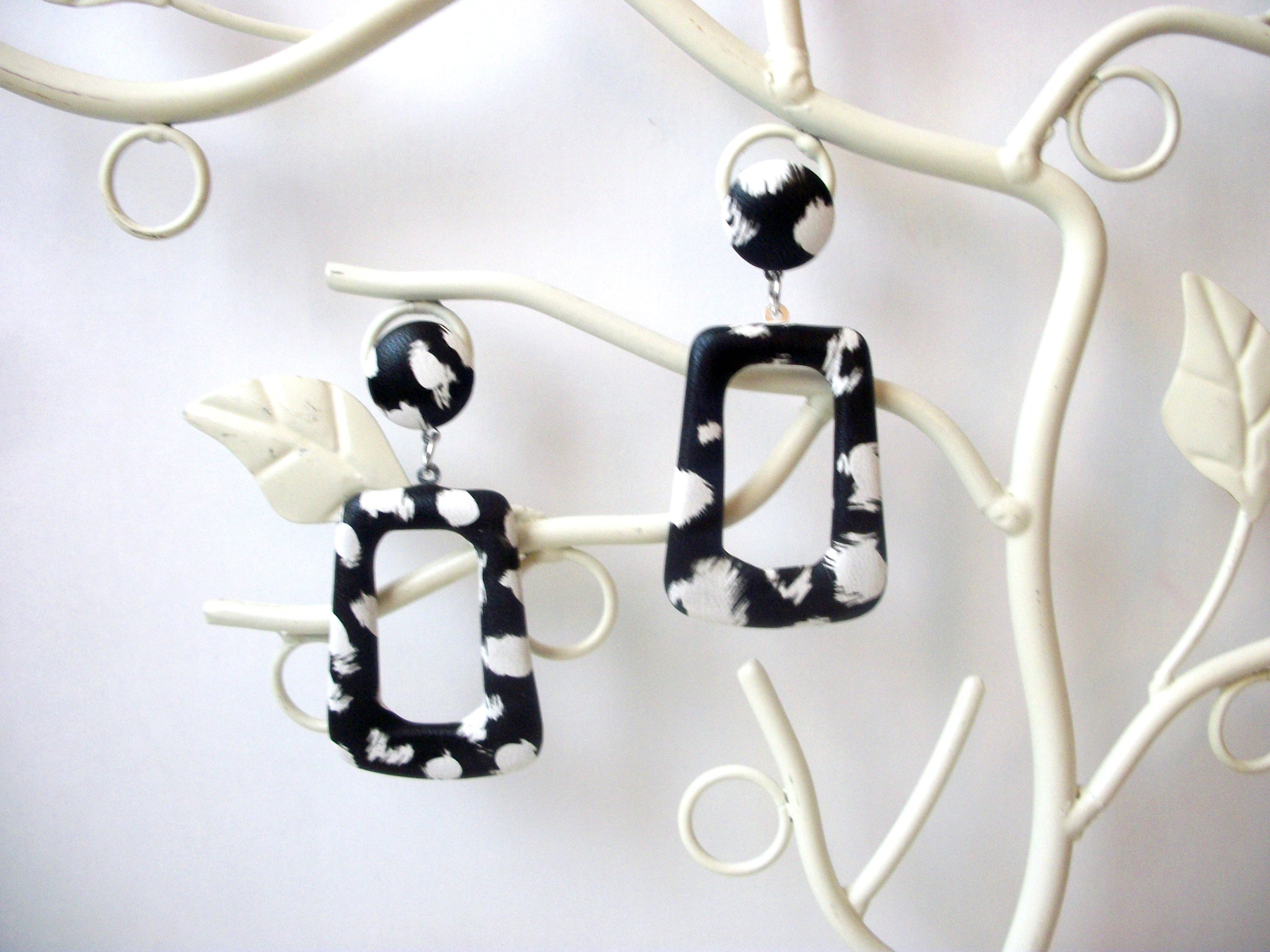 Lola Black White Earrings, PU Leather, Dangle Wild Cat, Dangle Earrings S15