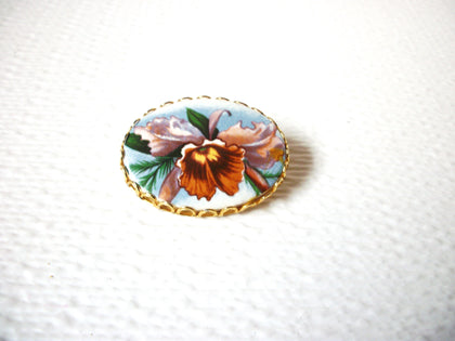 Vintage Hand Painted Glass Iris Flower Brooch Pin 102520