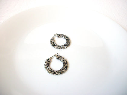 Retro 1970s Silver Toned Filigree Hoop Earrings 102520