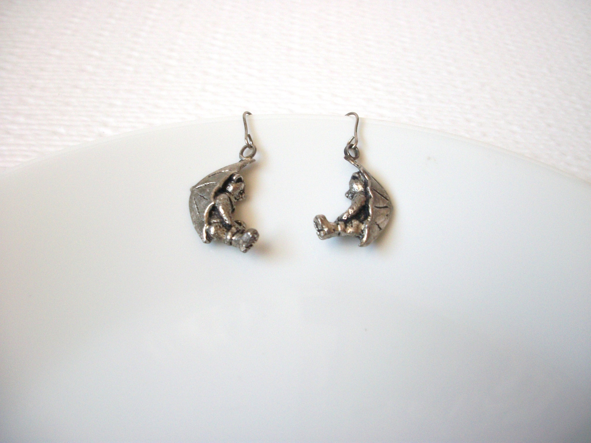 Retro 1970s Silver Toned Dangle Bear On The Moon Earrings 102520