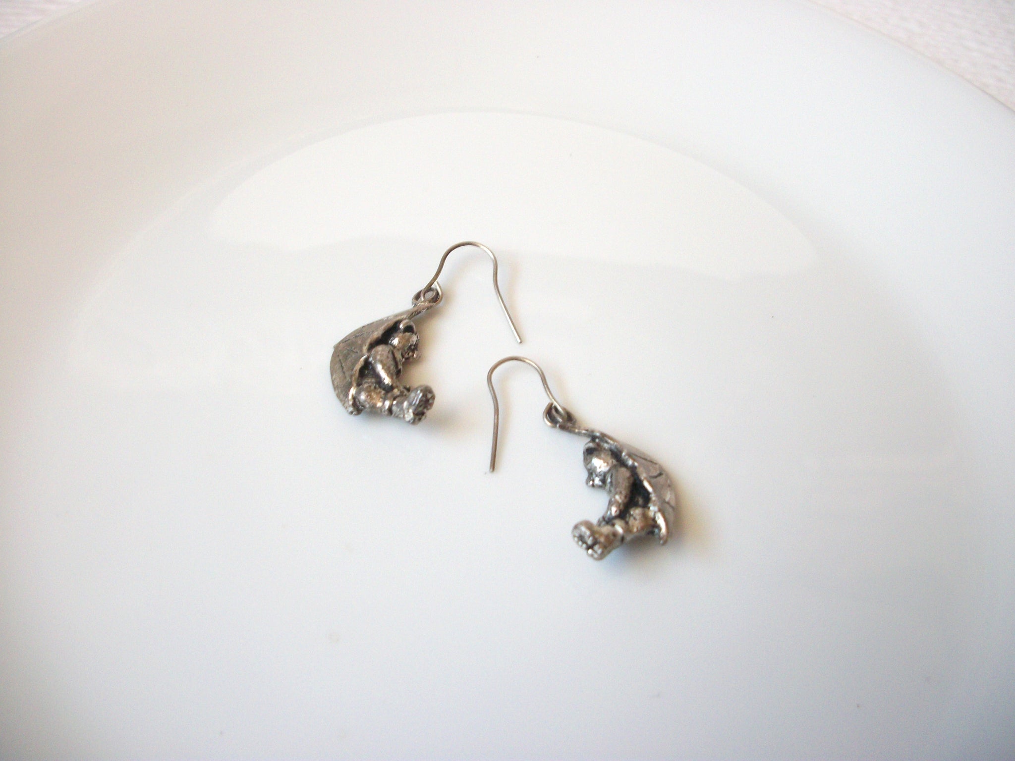 Retro 1970s Silver Toned Dangle Bear On The Moon Earrings 102520