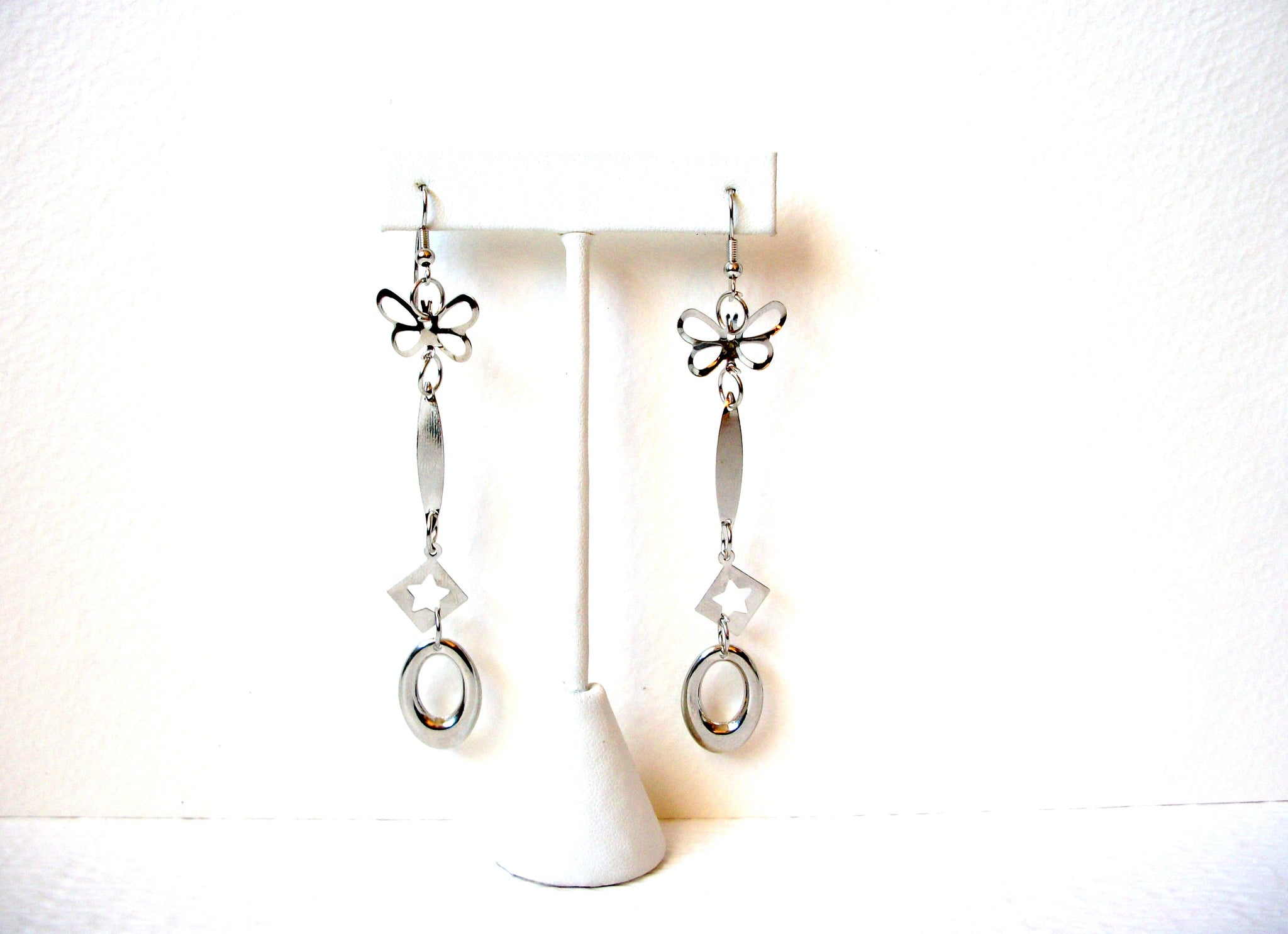 Retro Long Silver Toned Butterfly Dangling Earrings 102620