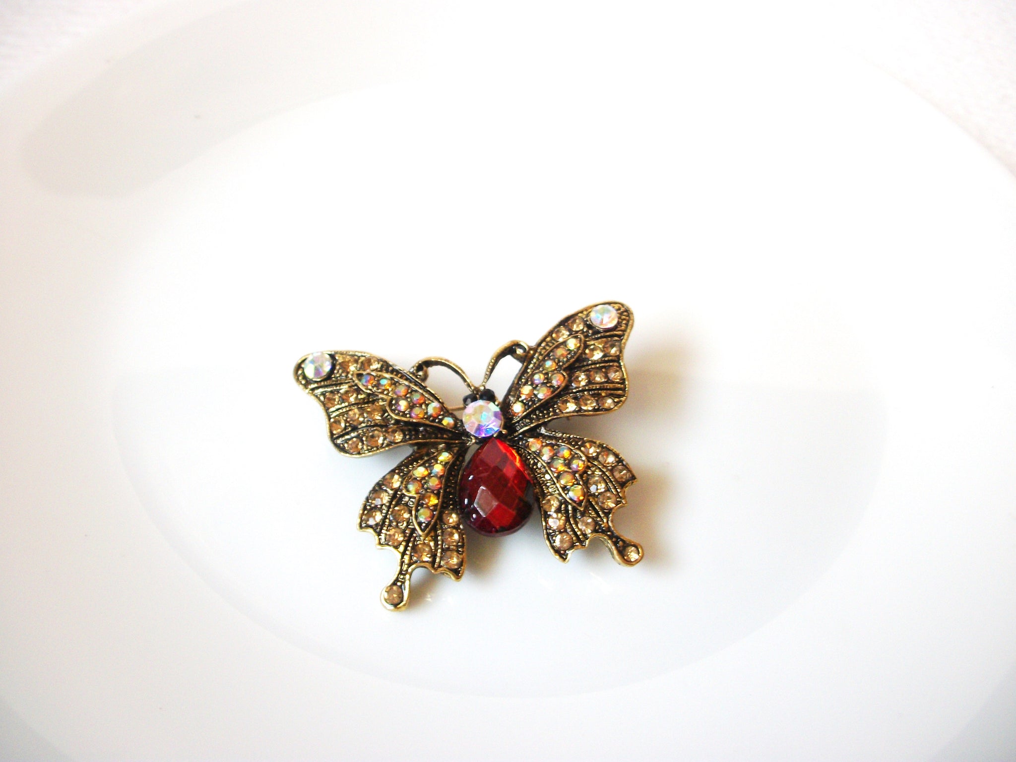 Vintage Antiqued Gold Toned AB Crystal Butterfly Brooch Pin 102720