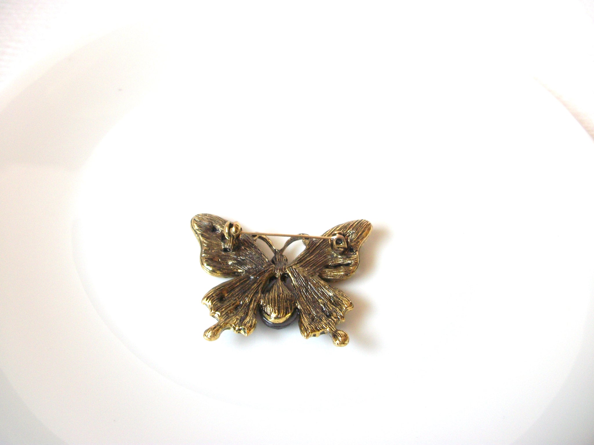 Vintage Antiqued Gold Toned AB Crystal Butterfly Brooch Pin 102720