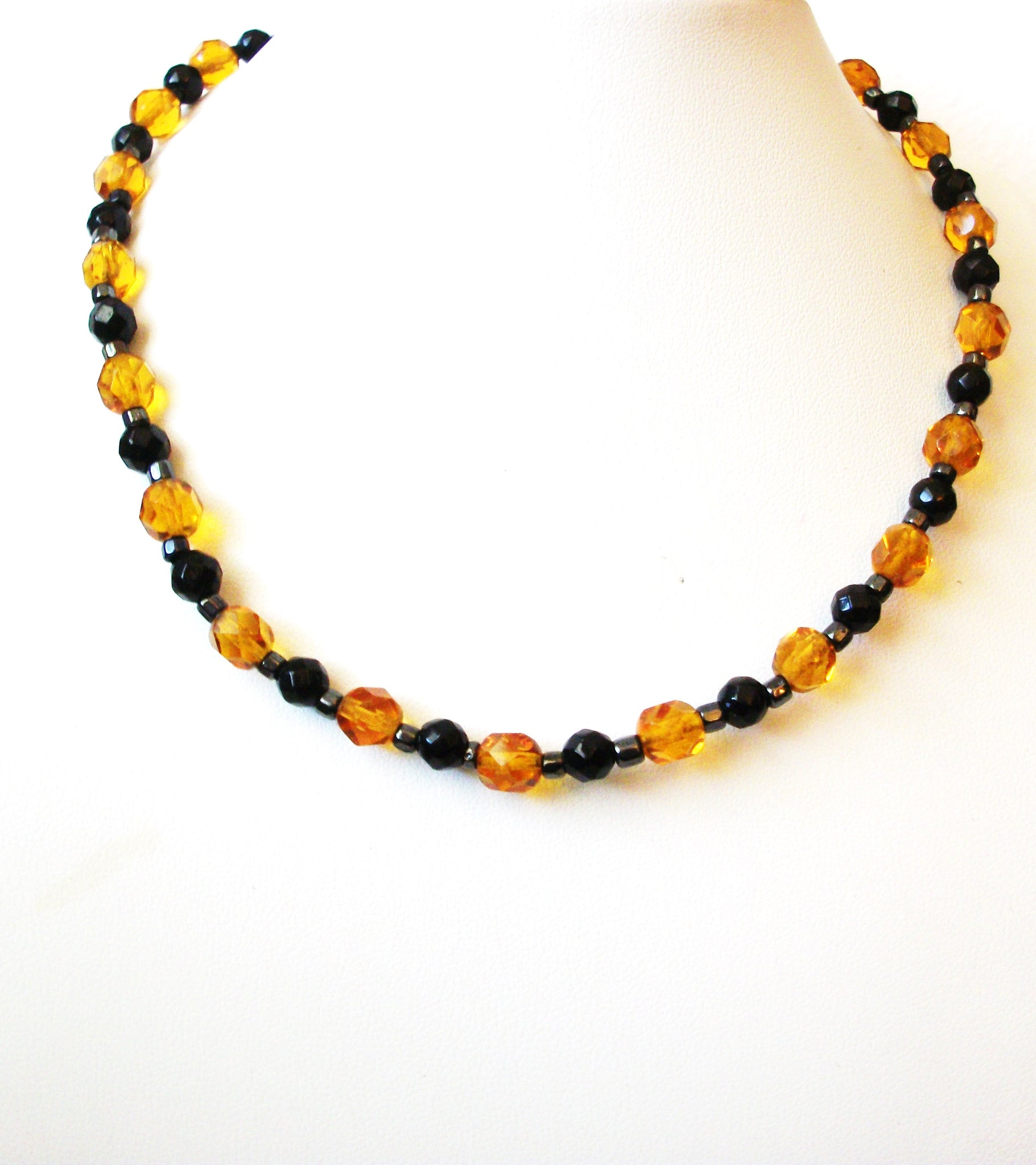 Vintage Black Amber Gold Glass Necklace 102720