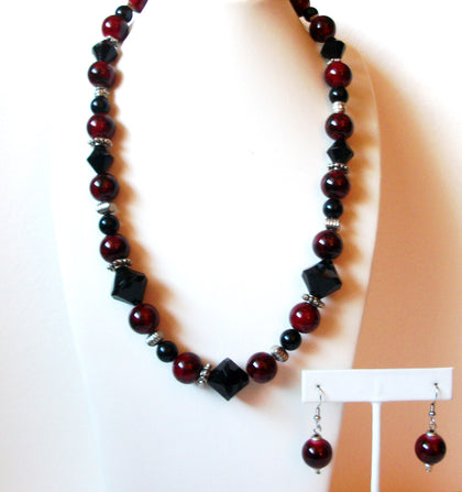 Hand Made Black Czech Glass Red Glass Necklace Earrings Set 102720
