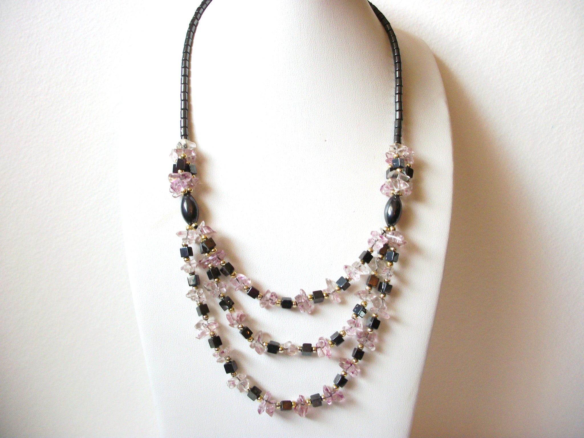 Vintage Hematite Pink Glass Necklace 102720