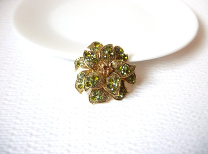 Vintage Gold Green Rhinestone Floral Brooch Pin 102820