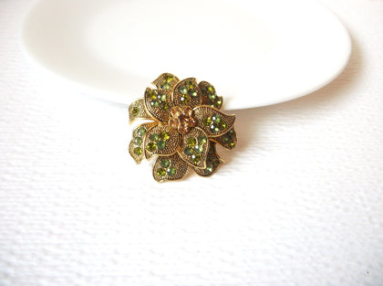 Vintage Gold Green Rhinestone Floral Brooch Pin 102820