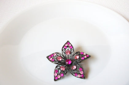 Vintage Floral Burst Pink Rhinestone Brooch Pin 102820